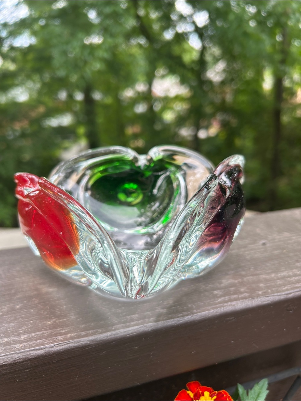 Murano Multicolored Petal Art Ashtray Glass Bowl Red, Green & Purple Accents VTG